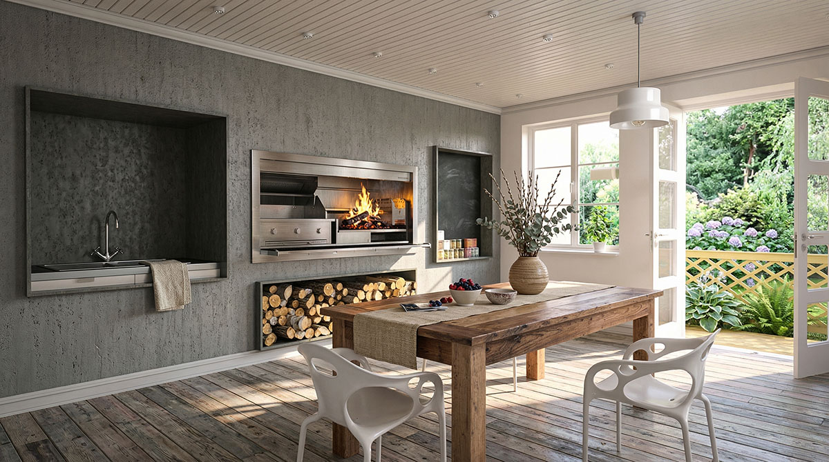 Kitchen with fireplace