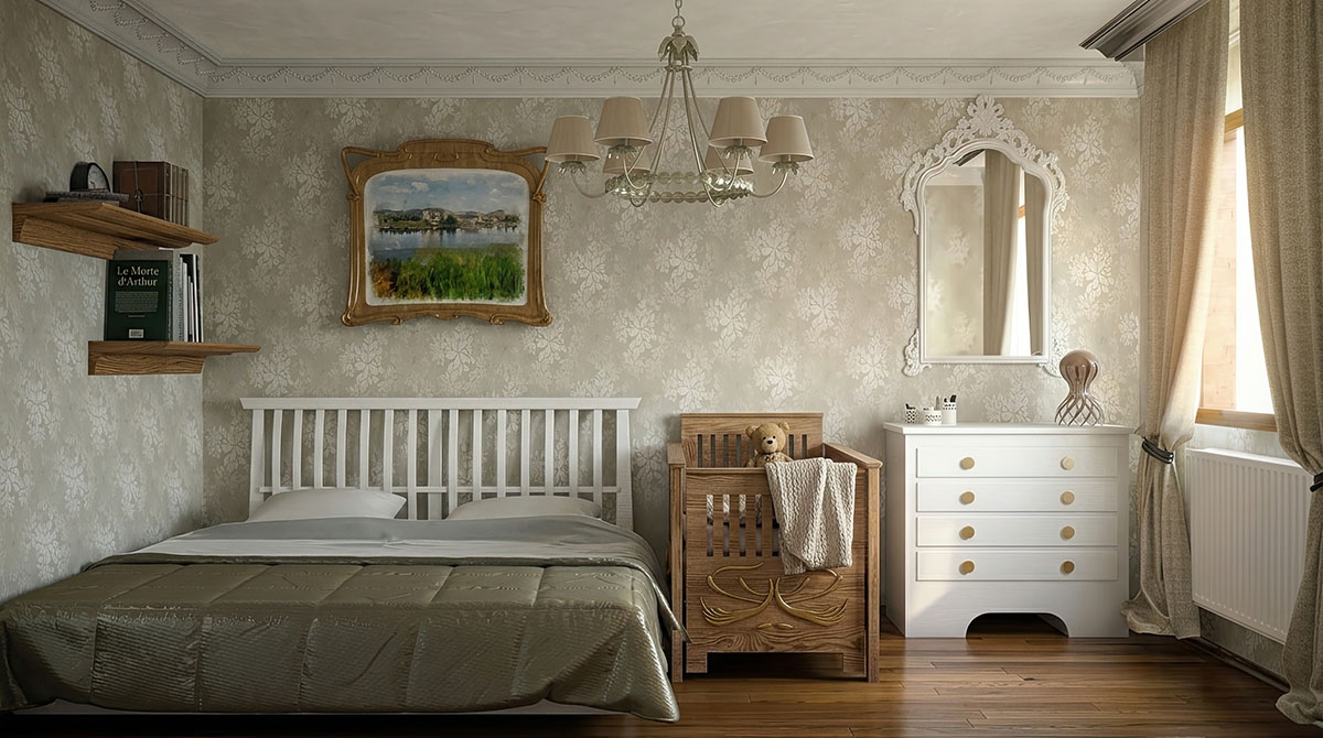Simple bedroom with bed for family and baby